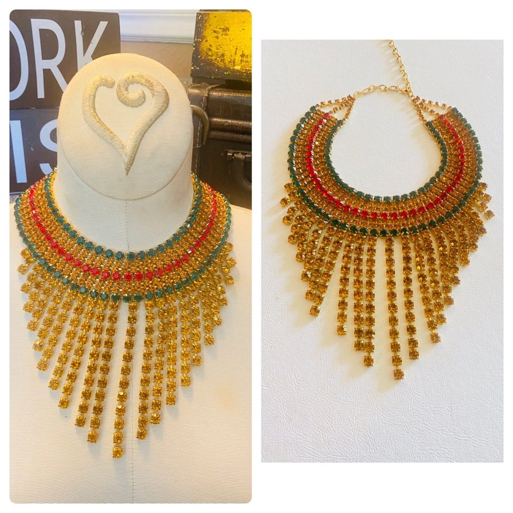 Unsigned Vintage Rhinestone Bib Runway Necklace
